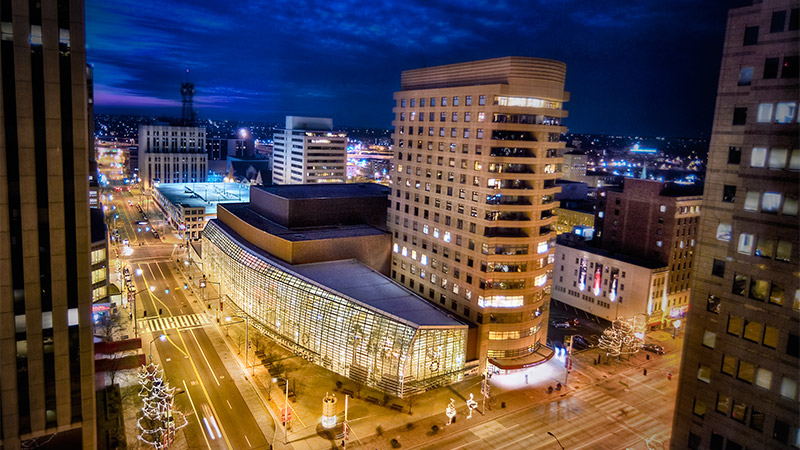 Nightime photo of Schuster building exterior